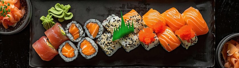 A beautiful arrangement of fresh sushi rolls and sashimi on a black plate, with wasabi and pickled ginger on the side.