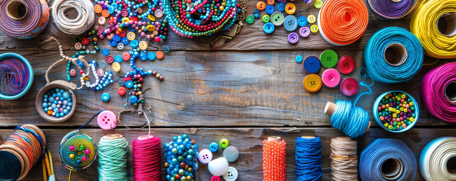 Overhead top down view of a collection of different craft supplies spread out on a wooden table. The assortment includes beads, ribbons, and buttons, each item showcasing its vibrant color and design.