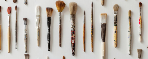 Overhead top down view of a collection of different paintbrushes arranged on a white canvas. The brushes vary in size and shape, each one showcasing its unique bristles and handles.