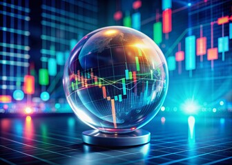 Crystal ball surrounded by digital graphs and charts, predicting cryptocurrency market trends and fluctuations, symbolizing speculative and predictive nature of digital assets.