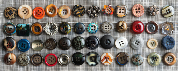 Overhead top down view of a collection of different types of buttons arranged on a fabric surface. The assortment includes various colors, sizes, and designs, each button highlighting its unique