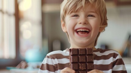 Young boy with blond hair smiles broadly while holding a large chocolate bar