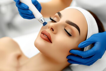 Naklejka premium A woman is pampering herself with a facial treatment at a spa, aiming to achieve smooth and radiant skin. The focus is on beauty, skincare, and rejuvenation to provide a relaxing experience