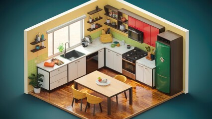 Naklejka premium A kitchen with a table and chairs in it, green walls, AI