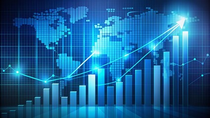 A simple yet effective composition featuring a graph illustrating business growth and progress on a blue background, surrounded by financial data and investment charts.
