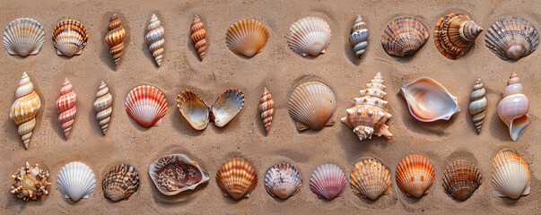 Overhead top down view of a collection of different types of shells displayed on a sandy background. The shells vary in shape, size, and color, highlighting their intricate designs and natural beauty.
