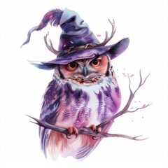 Naklejka premium Whimsical watercolor art depicting an owl adorned in a charming midnight-themed costume