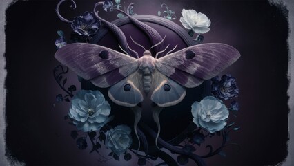 Obraz premium A large moth with flowers and a frame around it, AI
