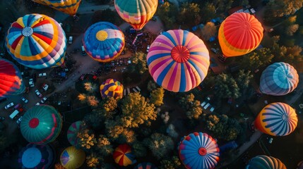 Sky's Canvas: Aerial View of Vibrant Hot Air Balloons Ascending at a Festival with Room for Copy.