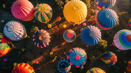 Sky's Canvas: Aerial View of Vibrant Hot Air Balloons Ascending at a Festival with Room for Copy.