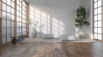 Obraz premium Minimalist Japanese Style Living Room Interior Design with Wooden Floor and White Walls