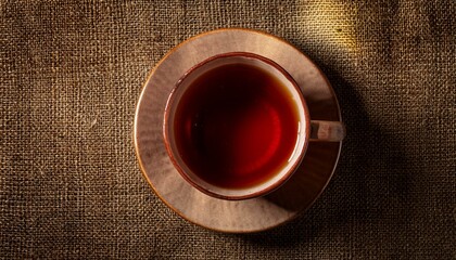 y A cup of tea on a plain burlap texture background