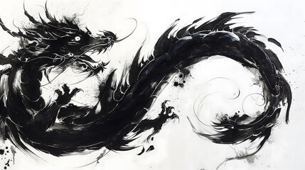 Fototapeta premium Dramatic Black and White Ink-Style Oriental Dragon Illustration