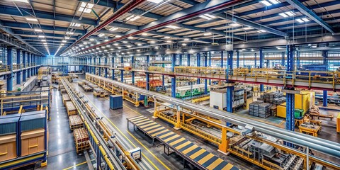 Industrial factory setting with rows of machinery, conveyor belts, and towering shelves, capturing the vibrant atmosphere of a busy manufacturing environment.
