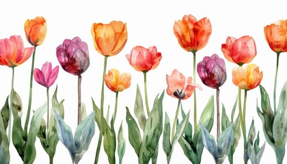 Fototapeta premium A tulip garden, various colors, digital watercolor, isolated on white background