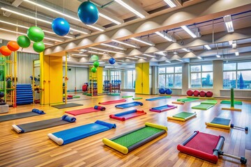 Brightly lit gymnasium with rows of exercise mats and props, energetic atmosphere, and colorful accents, perfect for promoting fitness classes and membership deals.