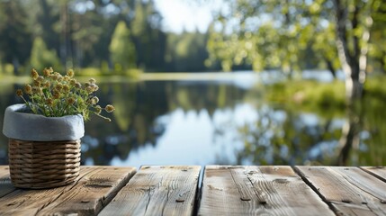 Fototapeta premium Tranquil Rustic Wooden Table by Serene Lake in Forest Setting Peaceful Nature Scene