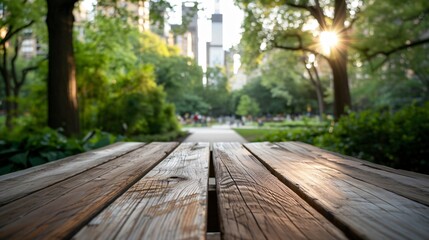 Obraz premium Serene Urban Oasis: Wooden Table in City Park with Towering Trees, Meandering Paths, and Skyline View