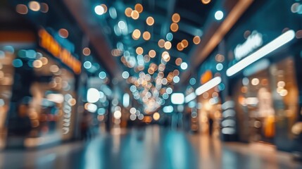 Blurry, bustling shopping mall with decorative lights
