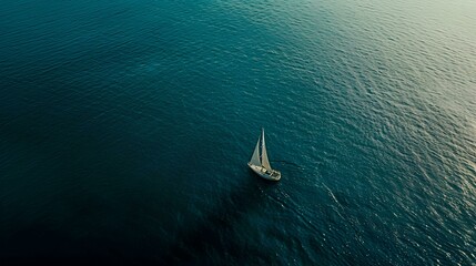 A sailboat in the middle of a blue ocean with a turquoise sea, white clouds, and a calm water surface, vacation concept peaceful atmosphere.