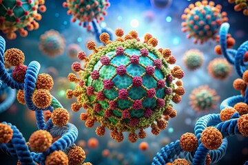 Intricate molecular structure of lipid nanoparticle mRNA vaccine, displaying helical mRNA coil, lipid layers, and protein antigens, symbolizing groundbreaking immunization innovation ..