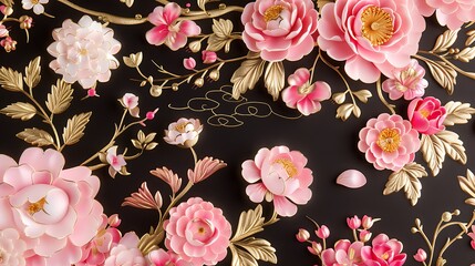 Elegant Pink Flowers with Gold Leaves on Black Background