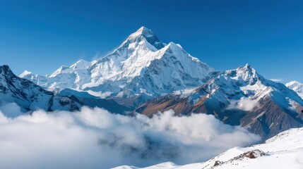 Obraz premium A picturesque snow-capped mountain rises towards the sky, surrounded by clouds, showcasing nature's grandeur. The clear blue sky and white snow create a stark contrast.