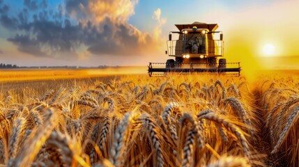 Fototapeta premium Harvesting wheat in a vast golden field with a modern combine harvester at sunset, symbolizing agriculture and rural industry.
