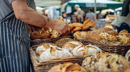 A person buying fresh bread and pastries at a local farmers's market, enjoying the variety of baked goods