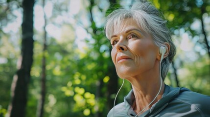 Fitness exercise and senior woman listening to music