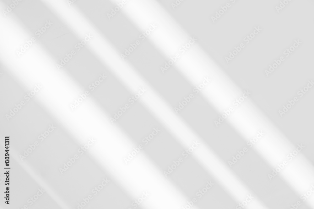 Poster Abstract light reflection and grey shadow from window on white wall background. Gray stripe window shadows and sunshine diagonal geometric overlay effect for backdrop and mockup design