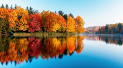 Serene lake scene showcasing the vibrant colors of autumn trees perfectly reflected in the calm blue waters, surrounded by a backdrop of lush foliage and clear skies.