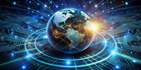 Fototapeta premium A futuristic globe surrounded by swirling lines of light, symbolizing rapid data transfer, is set against a dark background with glowing circuit board patterns.