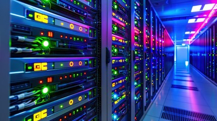 Modern data center with rows of servers illuminated by colorful lights, showcasing advanced technology and connectivity in a secure environment.