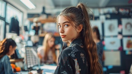 In a modern studio, a catwalk instructor trains models in runway skills, emphasizing elegance and confidence. The setting is filled with fashion sketches and designer clothing, fostering creativity