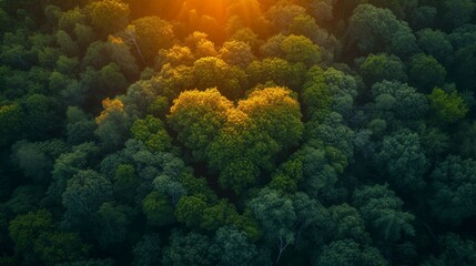 Aerial view of heart shaped forest canopy illuminated by warm glow of setting sun, representing beauty and wonder of natural formations, love of the woods