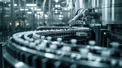 futuristic automated dairy plant with robotic arms precisely