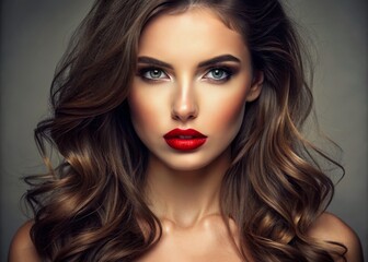 Fototapeta premium Headshot of a beautiful, sensual female fashion model with loosely coifed brown hair. Full lips and an immaculate complexion. Skin care and cosmetics.