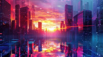 Fototapeta premium futuristic cityscape at dawn with vibrant colorful