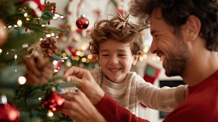 A father and son share a heartwarming moment as they happily decorate a Christmas tree together, surrounded by festive lights and ornaments, capturing the spirit of the season.