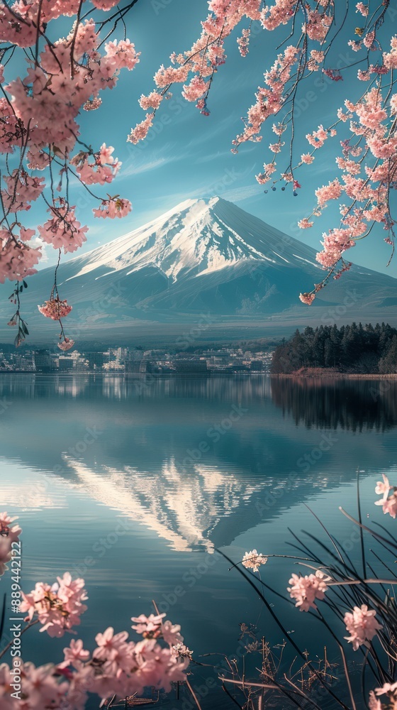 Wall mural Mount Fuji in spring with cherry blossom trees in bloom at a lake in Japan