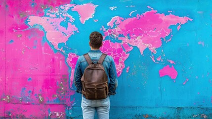 Obraz premium Young traveler with a backpack viewing a colorful map of the world on a vibrant wall, contemplating future adventures.