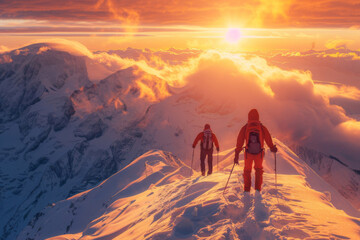 Fototapeta premium Two hikers in winter gear traverse snowy mountain ridge, illuminated by golden sunrise, with snow covered peaks in background, travelers back view