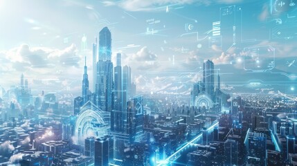 Fototapeta premium futuristic smart city visualization with holographic interfaces iot devices aidriven