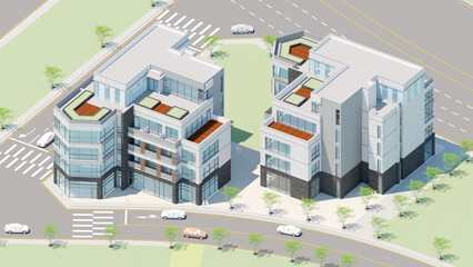 isometric city street with buildings, 3d rendering of an aerial view of two modern, multi-story buildings with flat rooftops, large windows, and rooftop gardens