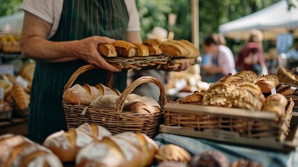 A person buying fresh bread and pastries at a local farmers's market, enjoying the variety of baked goods
