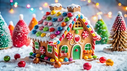 Fototapeta premium Vibrant festive scene featuring a beautifully decorated gingerbread house adorned with colorful candies, icing, and sprinkles on a snowy white background.