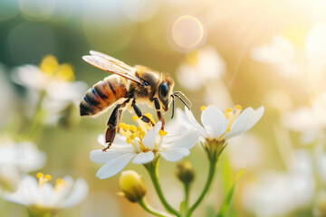 A close-up image of a bee collecting nectar from a white flower in a brightly lit garden, symbolizing nature's pollination process.