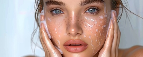 Close-up of a woman's face with freckles and clear blue eyes, her hands touching her cheeks, highlighting natural beauty and skincare.