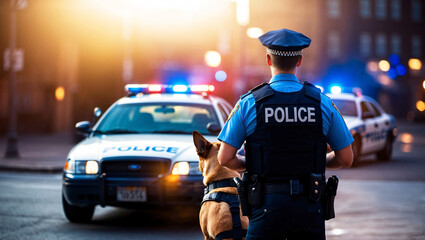 Policeman wearing police vest is standing on the street next to police car with city night lights in the background. Street crime, safety concept	